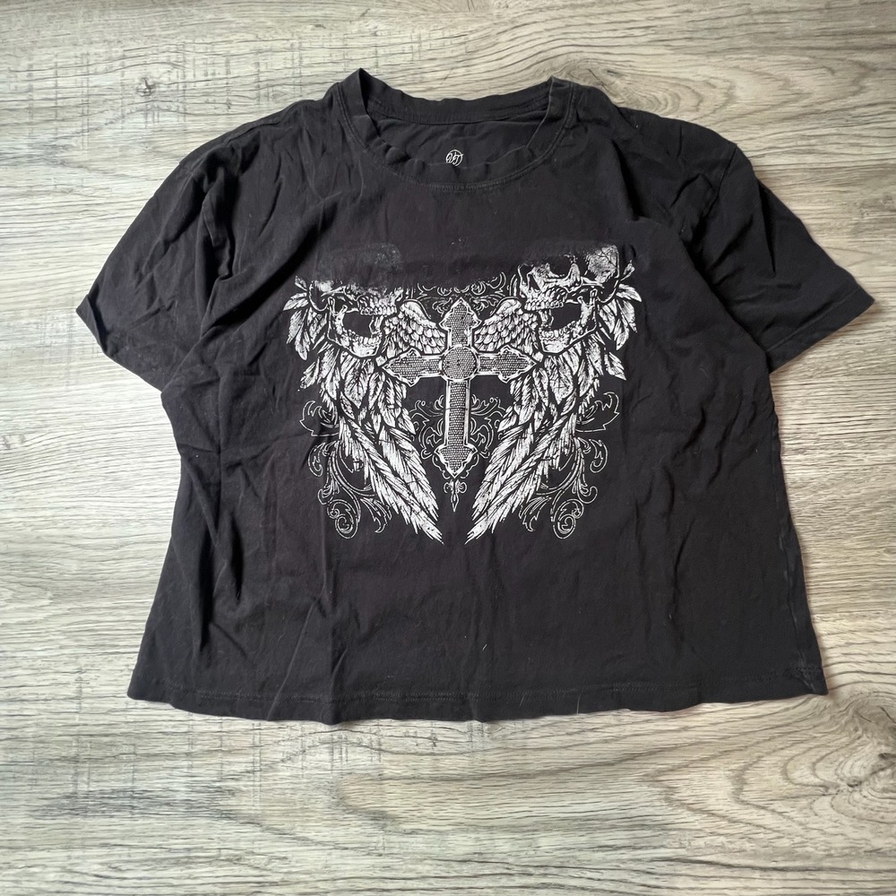 Vintage‎ Threadz T Shirt Mens Large Black Gothic Cross Skulls Wings Graphic Tee